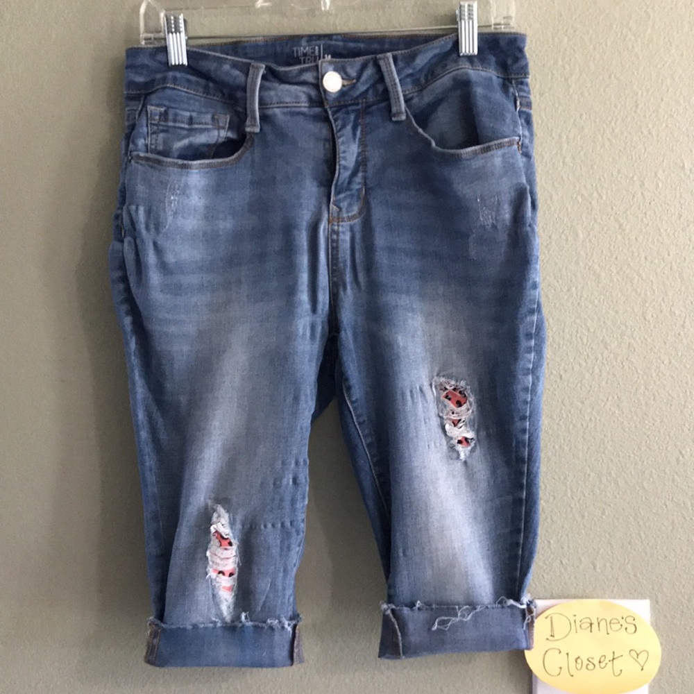 Time & Tru Women’s Distressed Patch Super Skinny Jean Cutoff Shorts